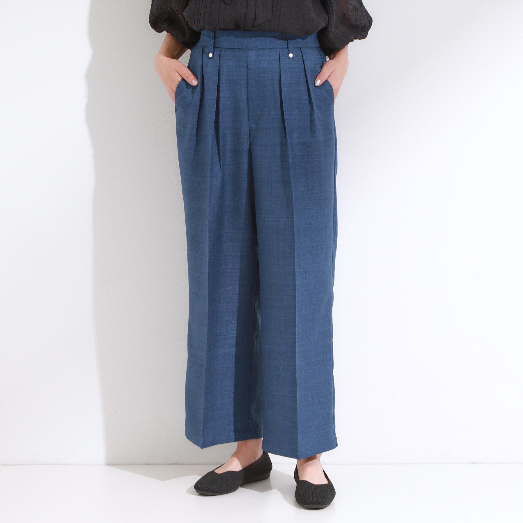 SHOO･LA･RUE「【S-LL/洗濯後しわになりにくい】ゴールドパーツできれい見え 麻調タックワイドパンツ」|その他|