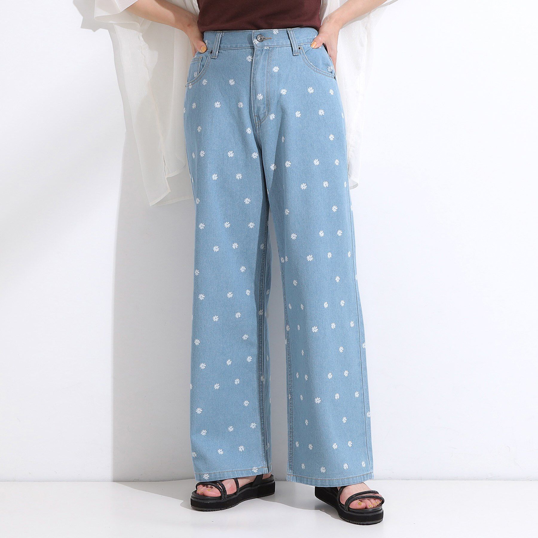 SHOO･LA･RUE「【S-LL】周りと差がつく デイジー柄デニムワイドパンツ」|デニム|