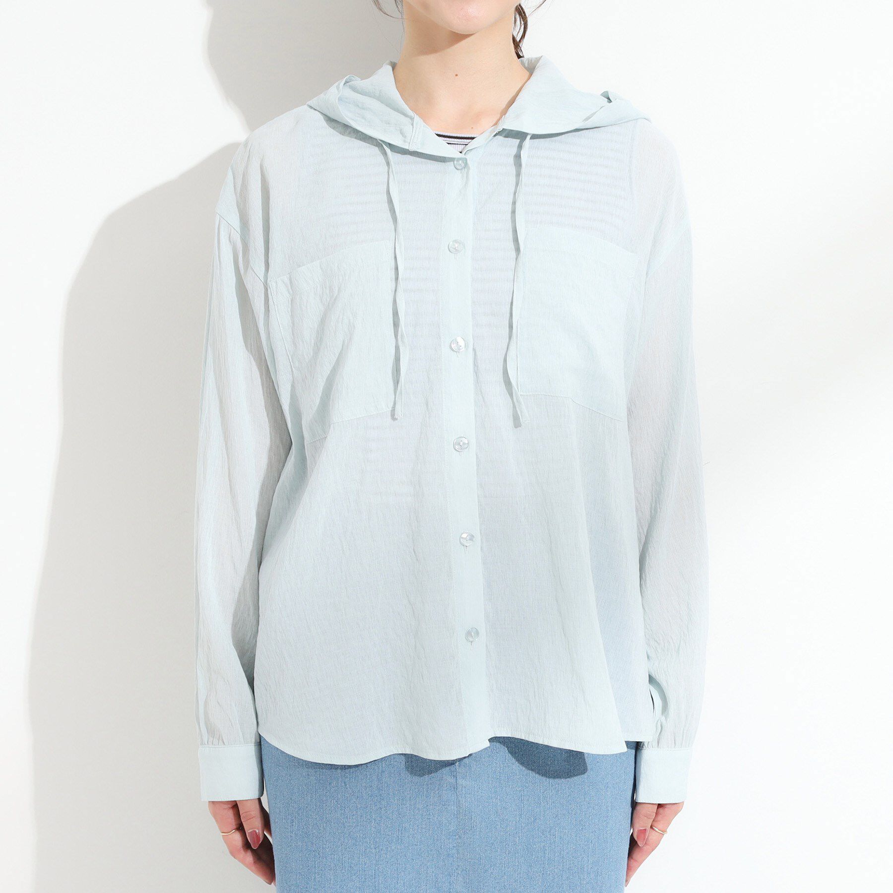 SHOO･LA･RUE「【S-LL】大人の抜け感 シアーフードシャツ」|シャツ・ブラウス|