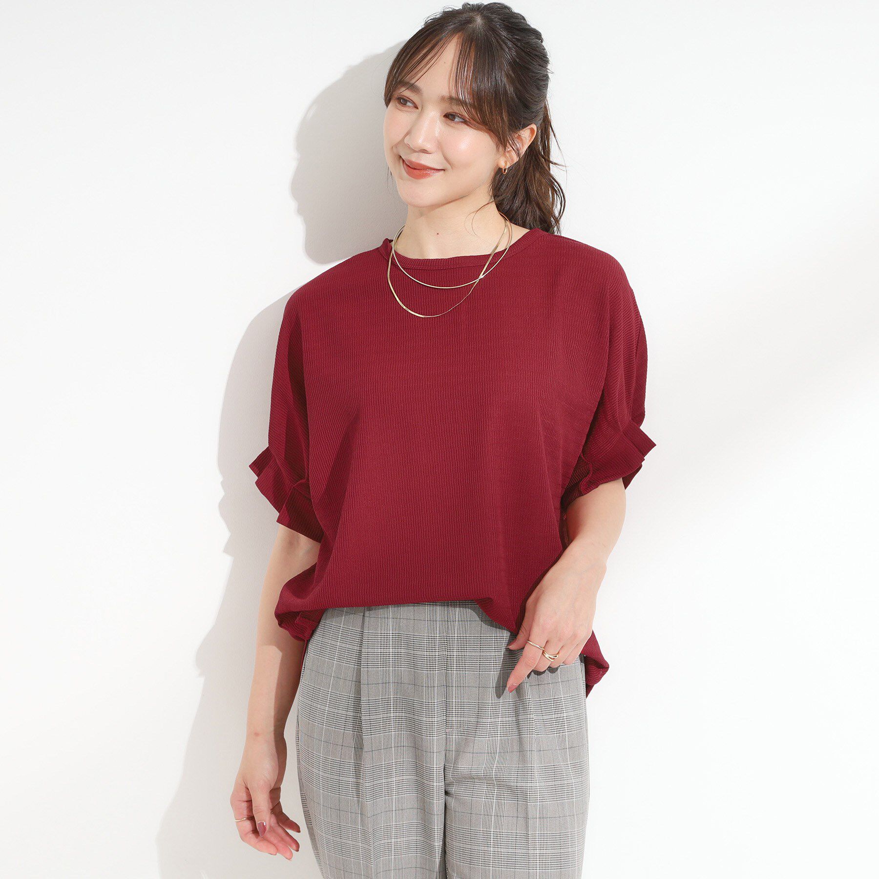 SHOO･LA･RUE「【S-LL/洗える】お袖のタックがアクセント インせず着られる さらさらドルマントップス」|Tシャツ・カットソー|