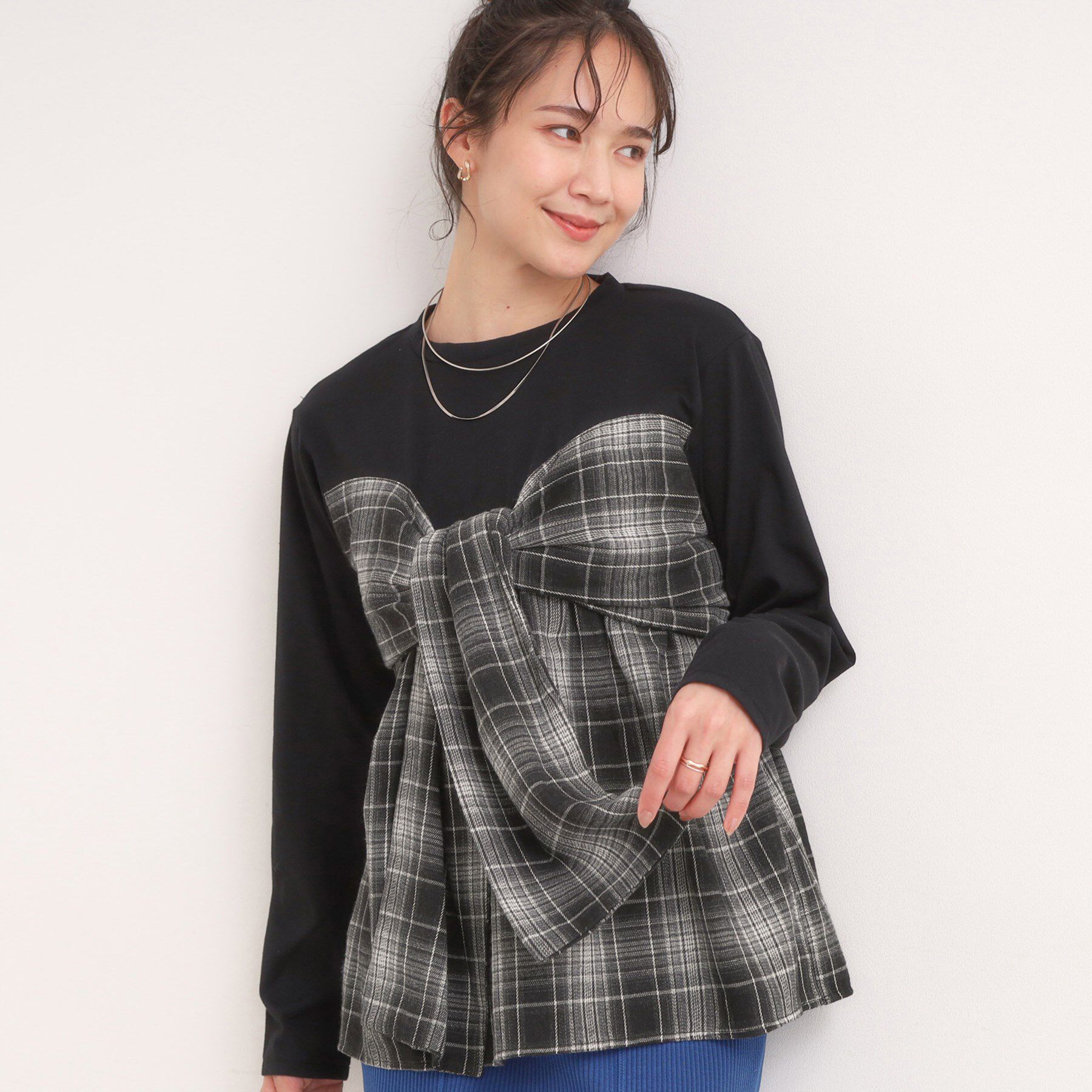 SHOO･LA･RUE「シャツレイヤード風で1枚でサマ見え ロンT」|Tシャツ・カットソー|ブラック(219)