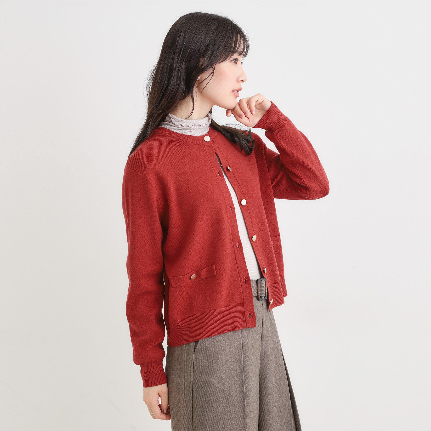 SHOO･LA･RUE「【セットアップ可/洗濯機可】もちもちタッチが心地よい クルーネックカーディガン」|カーディガン|