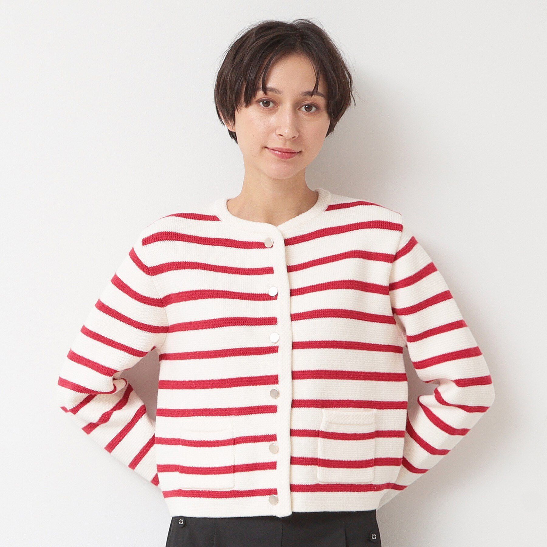 Dessin「【洗える】ゴールドボタン付きボーダーカーディガン」|カーディガン|レッド(363)