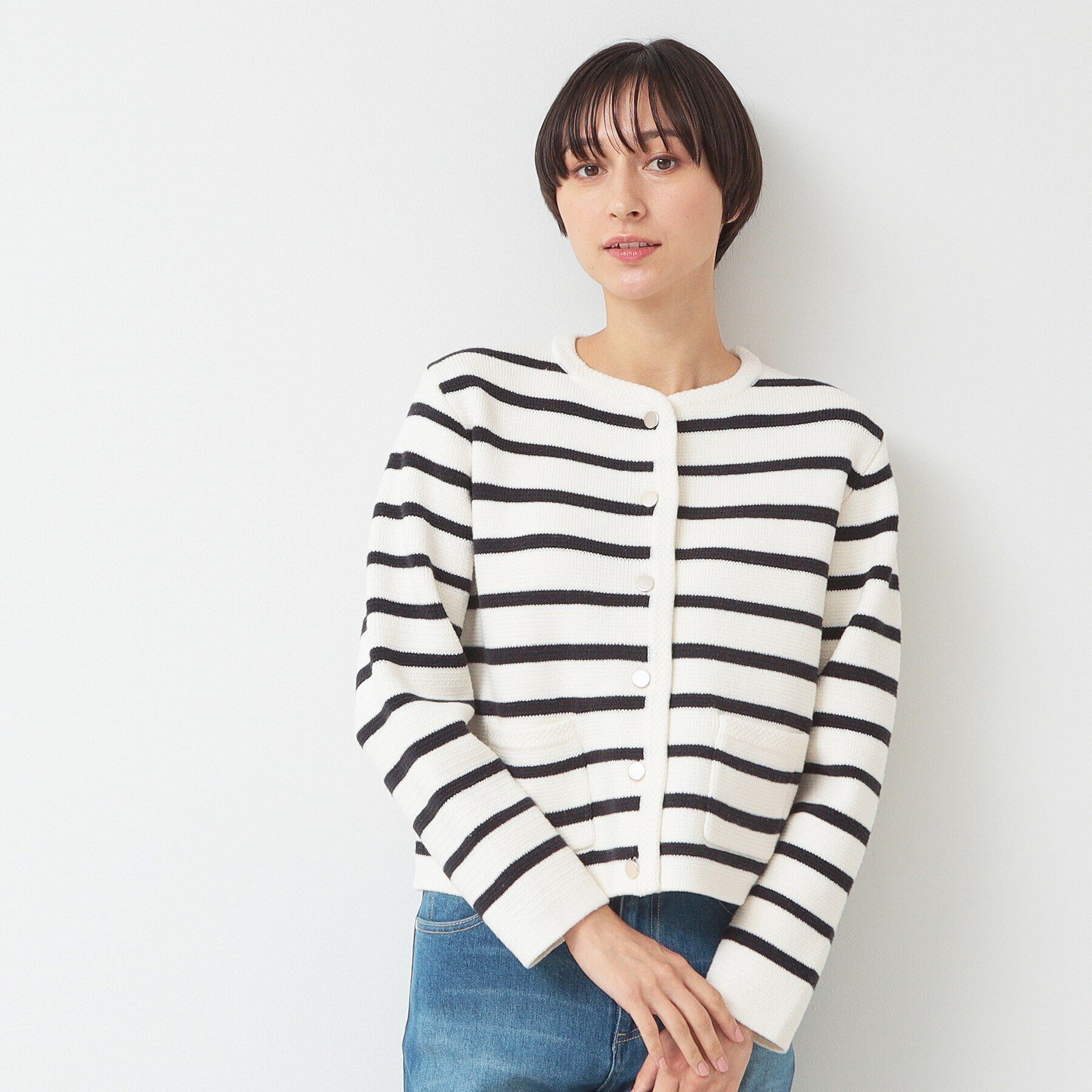 Dessin「【洗える】ゴールドボタン付きボーダーカーディガン」|カーディガン|ネイビー(394)