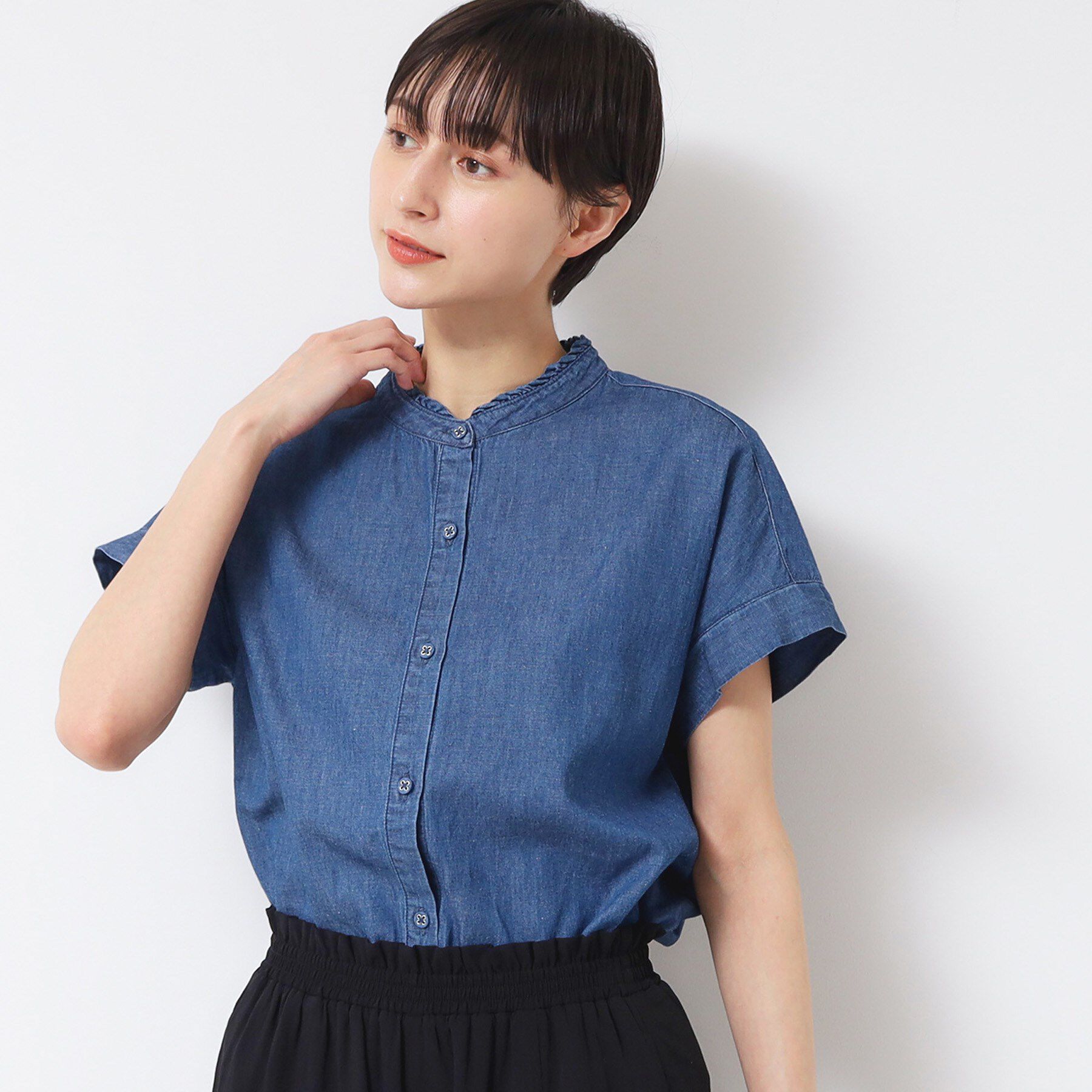 Dessin「【洗える】リネンブレンドデニムフリルシャツ」|シャツ・ブラウス|
