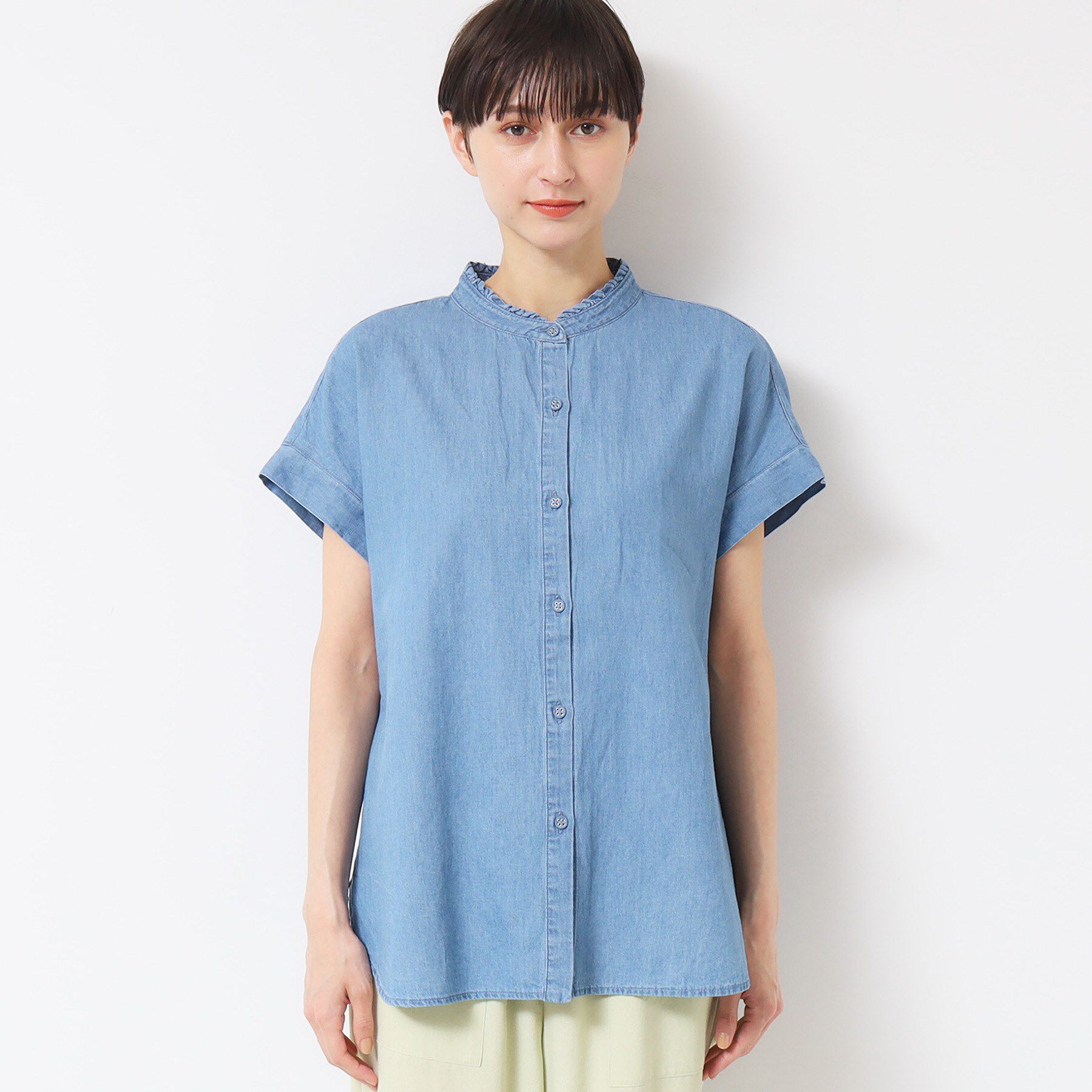 Dessin「【洗える】リネンブレンドデニムフリルシャツ」|シャツ・ブラウス|