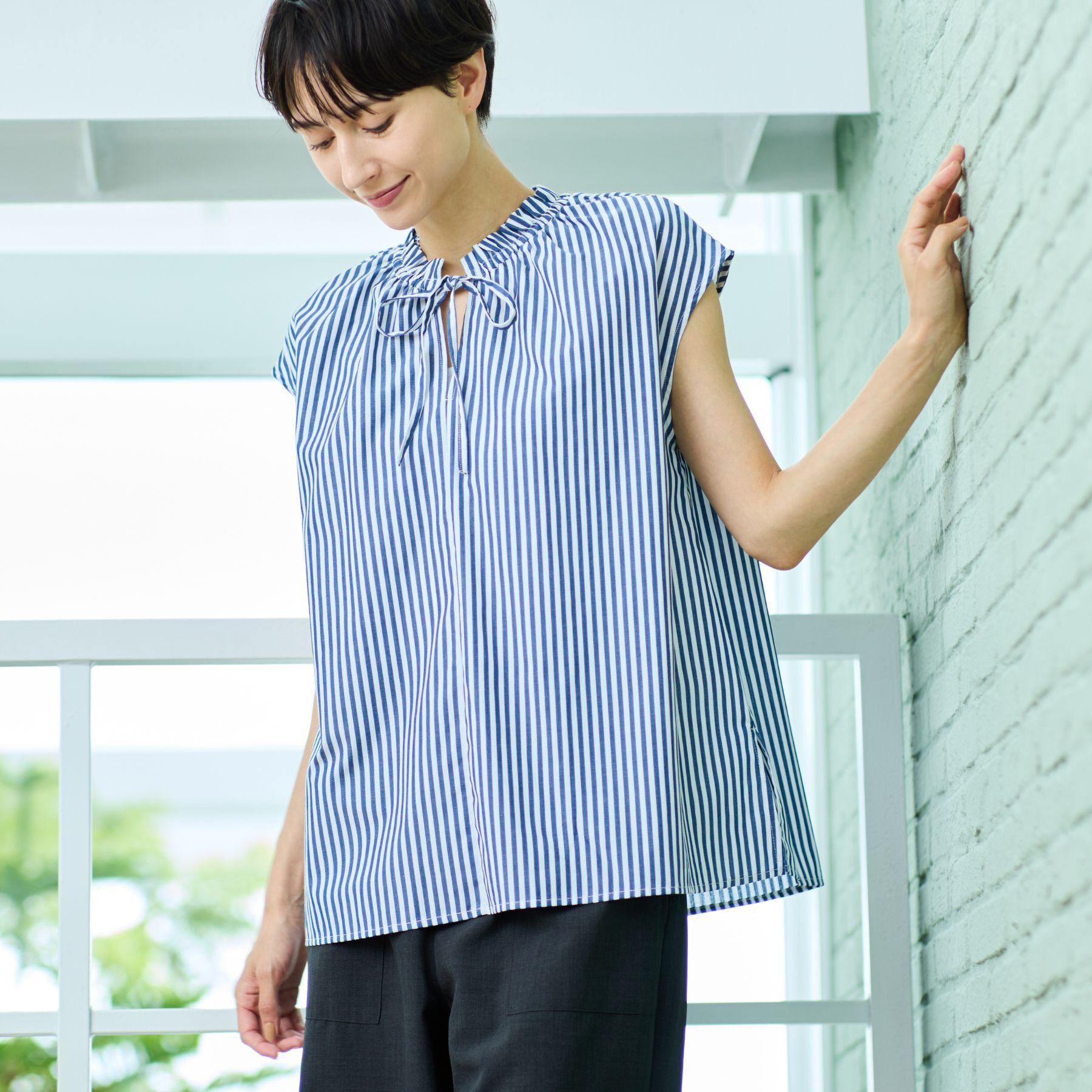 Dessin「【洗える】ストライプ柄フレンチスリーブスキッパ―ブラウス」|シャツ・ブラウス|