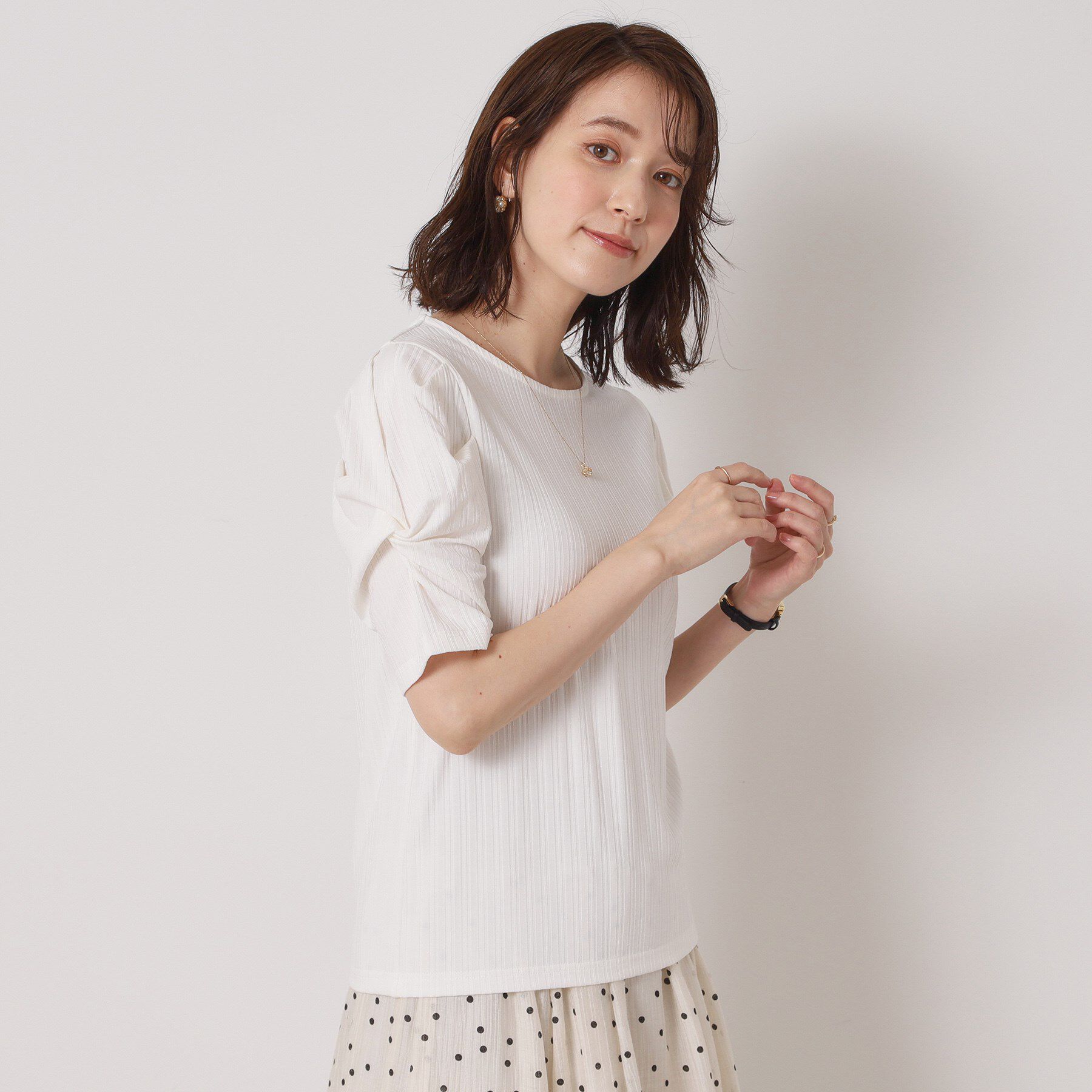 ITS&rsquo;DEMO「【手洗い可】ランダムテレコ袖タックプルオーバー」|Tシャツ・カットソー|