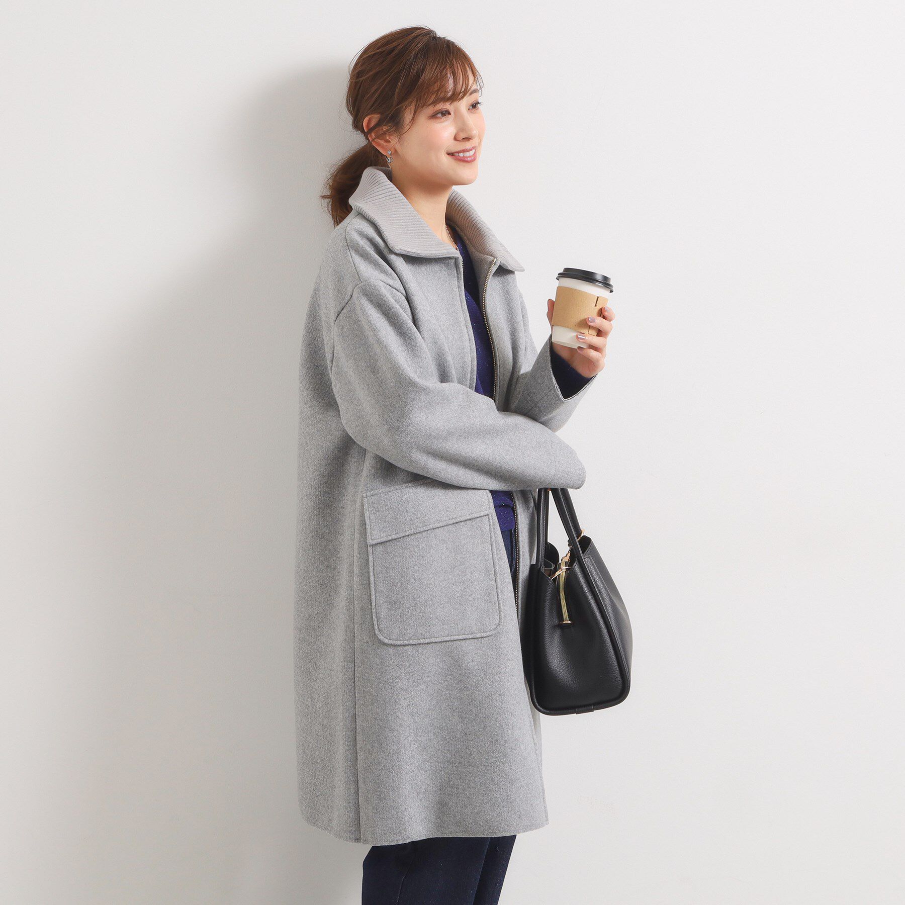 ITS&rsquo;DEMO「裏リブ襟付きコート」|ステンカラーコート|ライトグレー(011