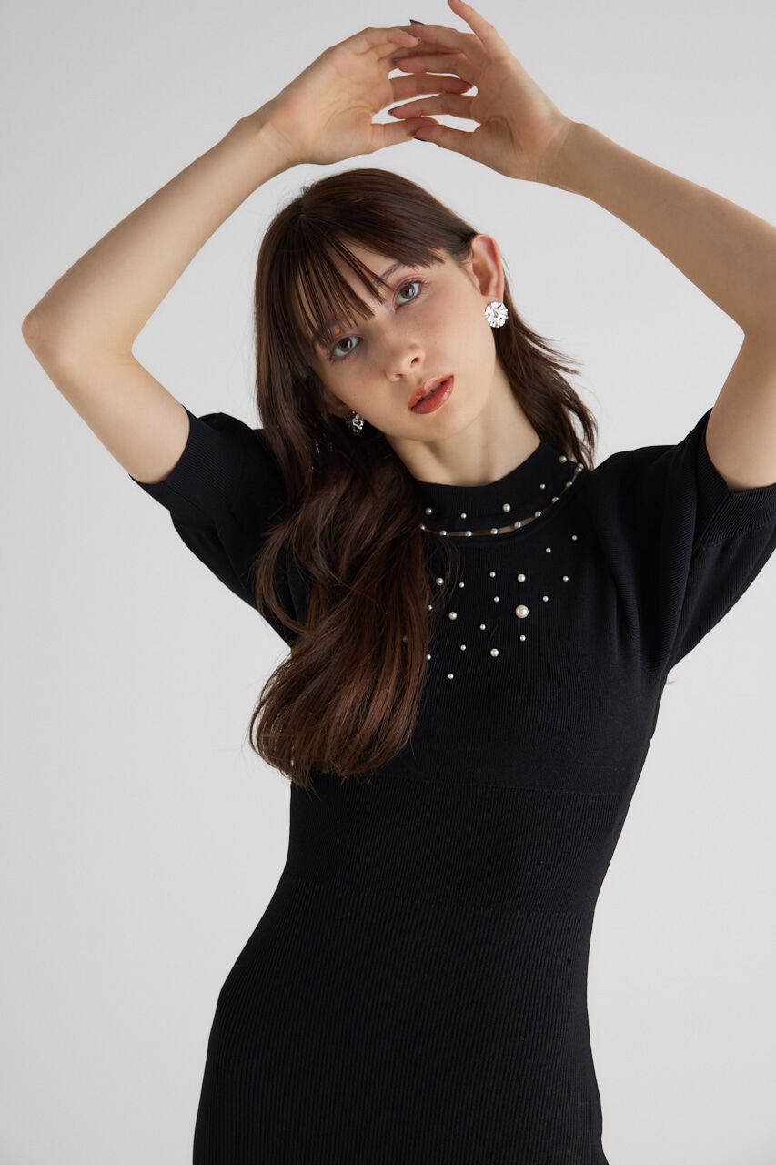 rienda「2WAYネックリボンフェイクパールKnit OP」|ワンピース|