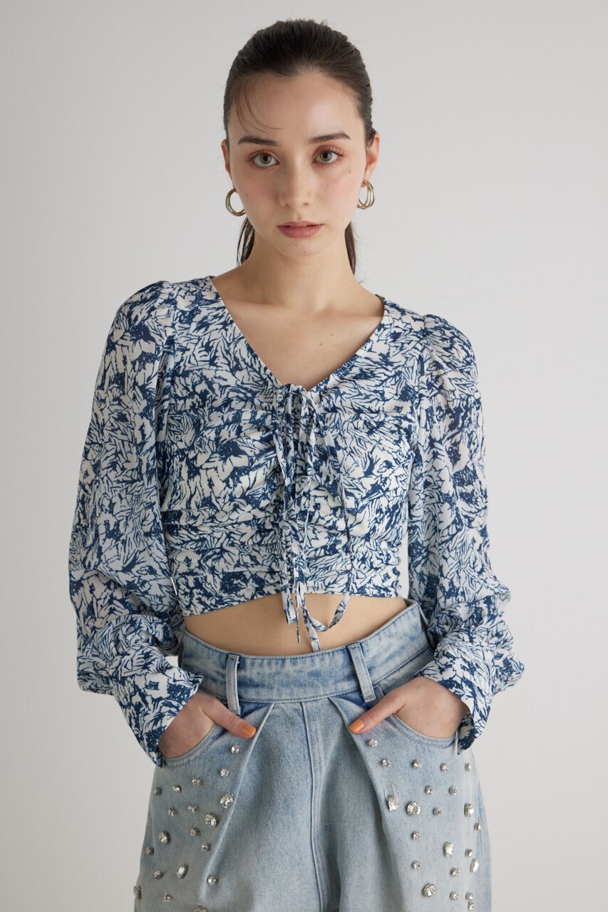 rienda「バックオープンギャザーデザイン TOP」|シャツ・ブラウス|柄NVY5