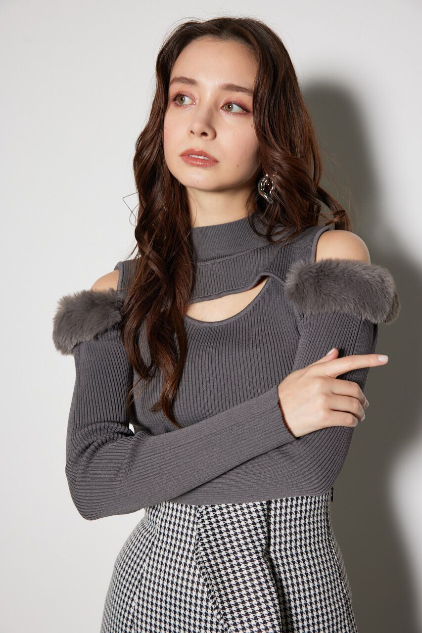 rienda「フェイクファーカッティングニットトップス」|ニット・セーター|GRY
