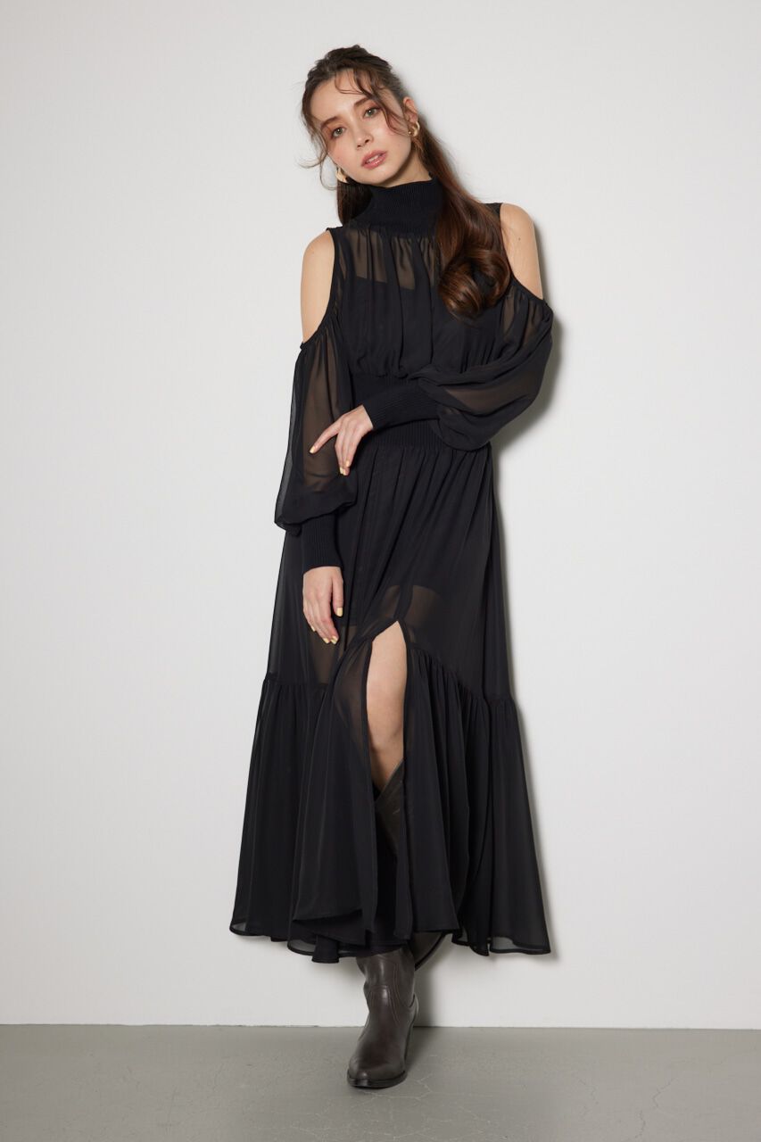 rienda「knitコンビスリットフレアワンピース」|ワンピース|BLK