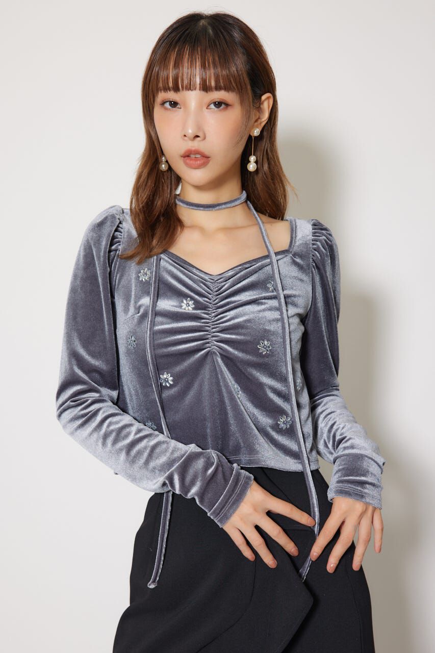 rienda「チョーカーセットフラワービジューベロアトップス」|Tシャツ・カットソー|GRY
