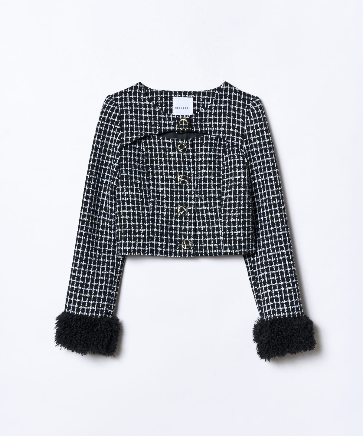 REDYAZEL「デコルテみせファー付きツィードジャケット」|ノーカラージャケット|