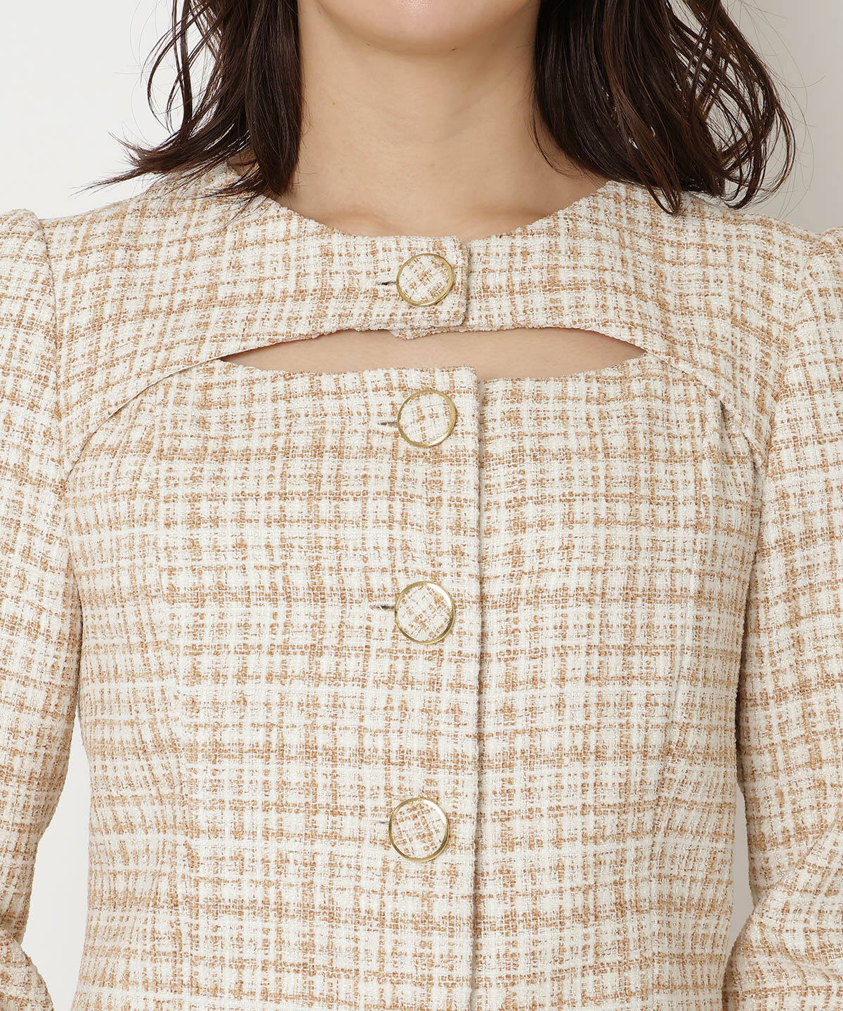 REDYAZEL「デコルテみせファー付きツィードジャケット」|ノーカラージャケット|