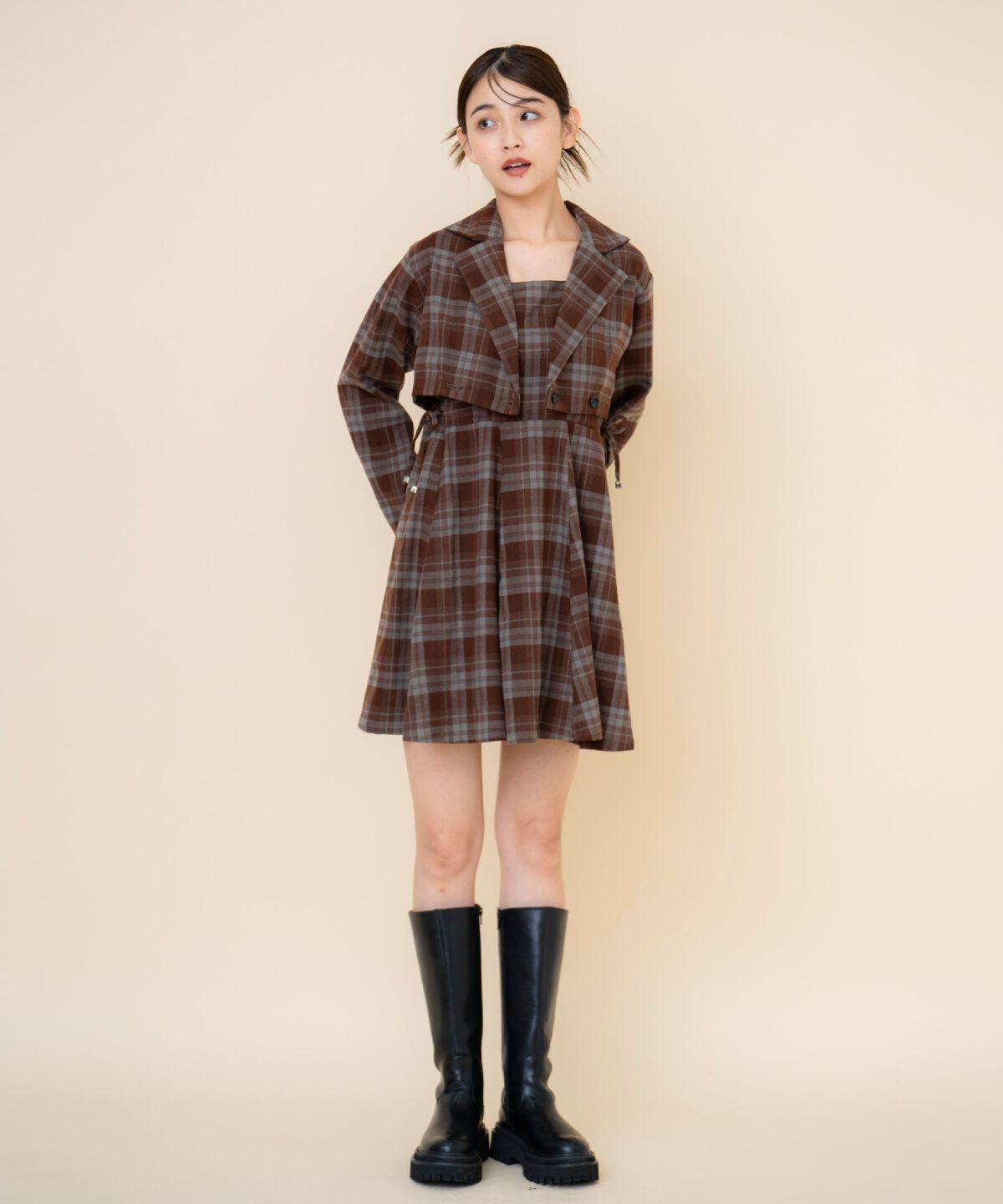 REDYAZEL「チェックドロストミニワンピース」|ワンピース|ブラウン