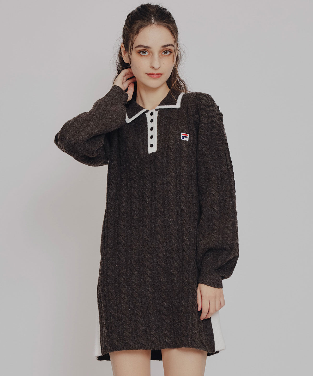 REDYAZEL「［FILA&times;REDYAZEL］ケーブルニットポロミニワンピース」|ワンピース|ブラウン