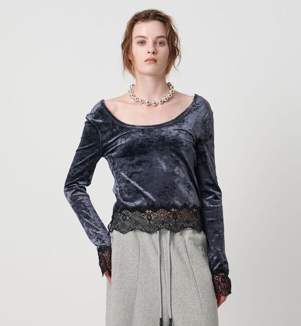 ASTRAET「＜ASTRAET＞ベロア/レース Uネックカットソー」|Tシャツ・カットソー|NAVY