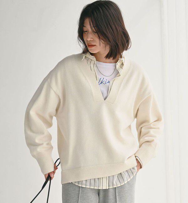 UNITED ARROWS green label relaxing「【WEB限定】＜at ease＞スキッパー プルオーバー ニット ウォッシャブル」|ニット・セーター|OFF WHITE
