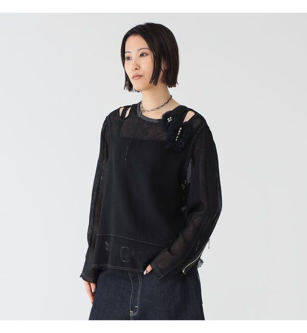 BEAMSBOY「maturely / メッシュ トップ ロングスリーブ」|シャツ・ブラウス|BLACK