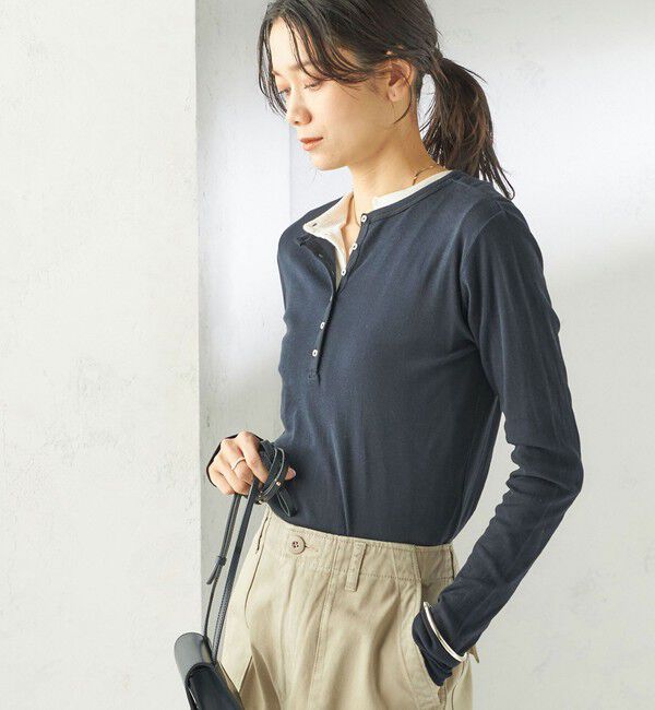 SHIPS for women「《一部追加予約》【SHIPS別注】miller: シアー ヘンリー ネック ロング スリーブ TEE」|Tシャツ・カットソー|ネイビー