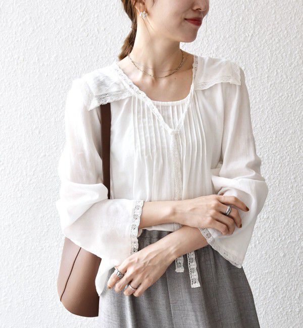 SHIPS any「SHIPS any:〈洗濯機可能〉コットン モス セーラー カラー レース ブラウス」|シャツ・ブラウス|ホワイト