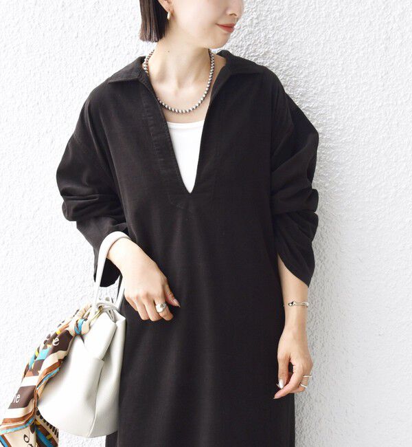SHIPS for women「【WEB限定】〈洗濯機可能〉スキッパー コーデュロイ ワンピース」|ワンピース|チャコールグレー