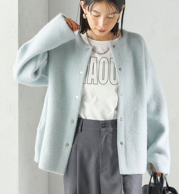 SHIPS for women「フォックス ブレンド ノーカラー ニット コート」|ノーカラーコート|ライトブルー