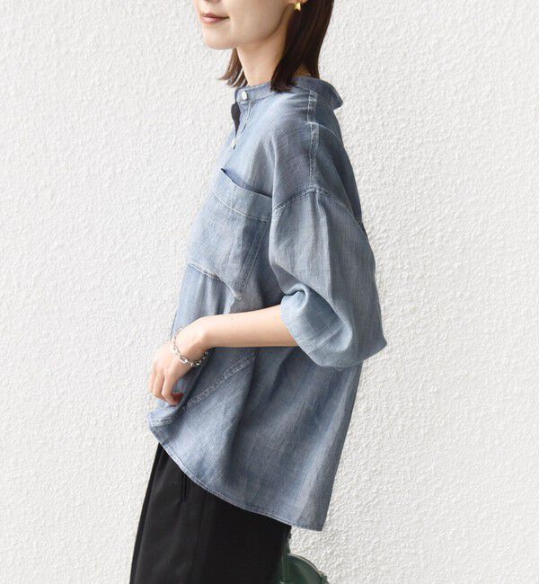 SHIPS for women「〈手洗い可能〉シアー デニム 袖 リブ バンドカラー シャツ」|シャツ・ブラウス|