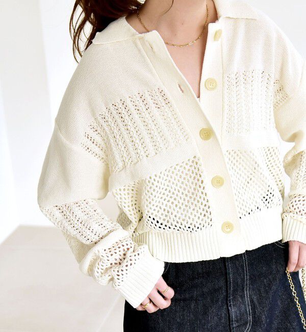 quaranciel「《予約》quaranciel:〈手洗い可能〉透かし編み 襟付き ニット カーディガン」|カーディガン|オフホワイト