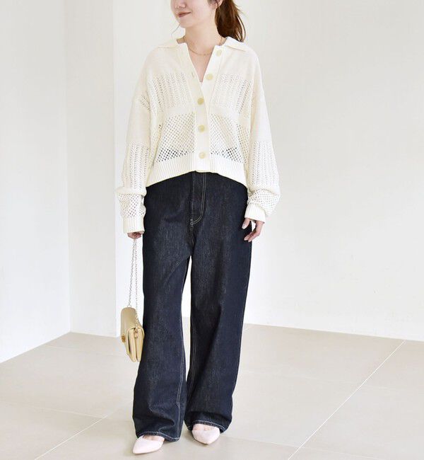 quaranciel「《予約》quaranciel:〈手洗い可能〉透かし編み 襟付き ニット カーディガン」|カーディガン|