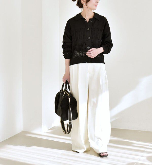 quaranciel「《予約》quaranciel:〈手洗い可能〉透かし編み 襟付き ニット カーディガン」|カーディガン|