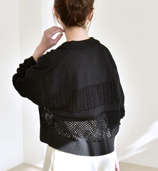 quaranciel「《予約》quaranciel:〈手洗い可能〉透かし編み 襟付き ニット カーディガン」|カーディガン|