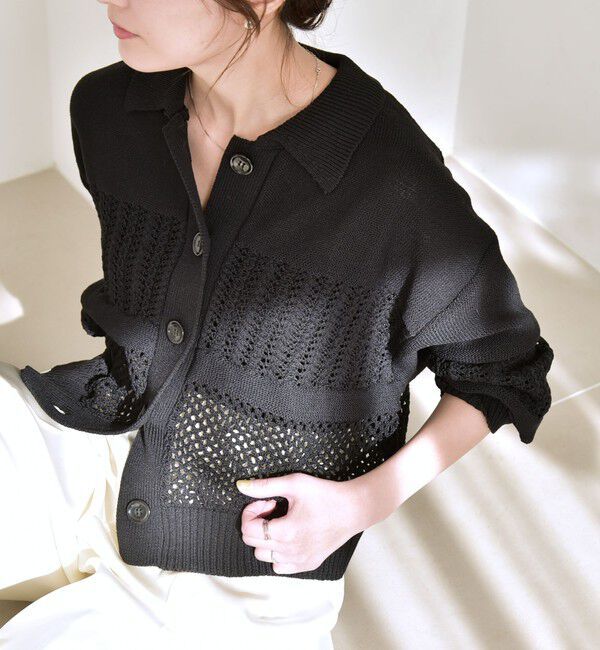 quaranciel「《予約》quaranciel:〈手洗い可能〉透かし編み 襟付き ニット カーディガン」|カーディガン|