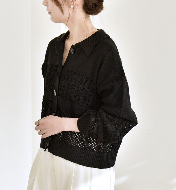 quaranciel「《予約》quaranciel:〈手洗い可能〉透かし編み 襟付き ニット カーディガン」|カーディガン|