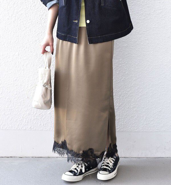 SHIPS Colors 「《予約》SHIPS Colors:〈手洗い可能〉サテン レース スカート◆」|スカート|カーキ