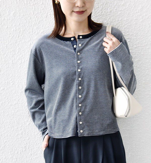SHIPS for women「〈手洗い可能〉ポリエステル ベロア ボーダー パール モチーフ ボタン カーディガン」|カーディガン|ネイビー