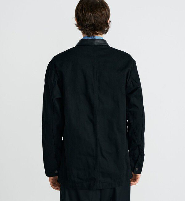 Edition「ブラックデニム レザーカラーカバーオール」|ブルゾン・スタジャン|