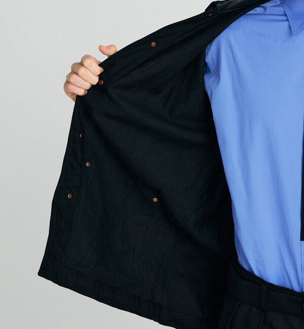 Edition「ブラックデニム レザーカラーカバーオール」|ブルゾン・スタジャン|