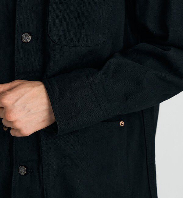 Edition「ブラックデニム レザーカラーカバーオール」|ブルゾン・スタジャン|