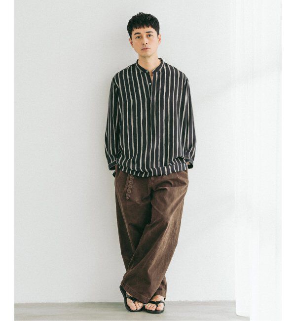 EDIFICE「ストライプ ドレーピー 8分袖 バンドカラープルオーバーシャツ」|シャツ・ブラウス|