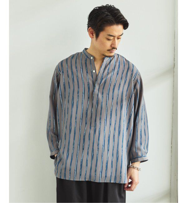 EDIFICE「ストライプ ドレーピー 8分袖 バンドカラープルオーバーシャツ」|シャツ・ブラウス|