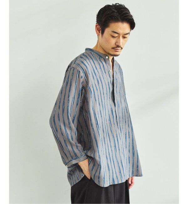 EDIFICE「ストライプ ドレーピー 8分袖 バンドカラープルオーバーシャツ」|シャツ・ブラウス|