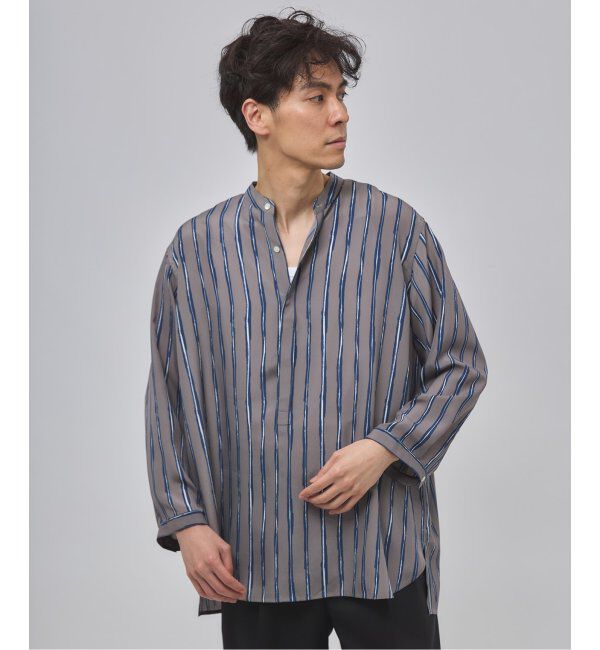 EDIFICE「ストライプ ドレーピー 8分袖 バンドカラープルオーバーシャツ」|シャツ・ブラウス|