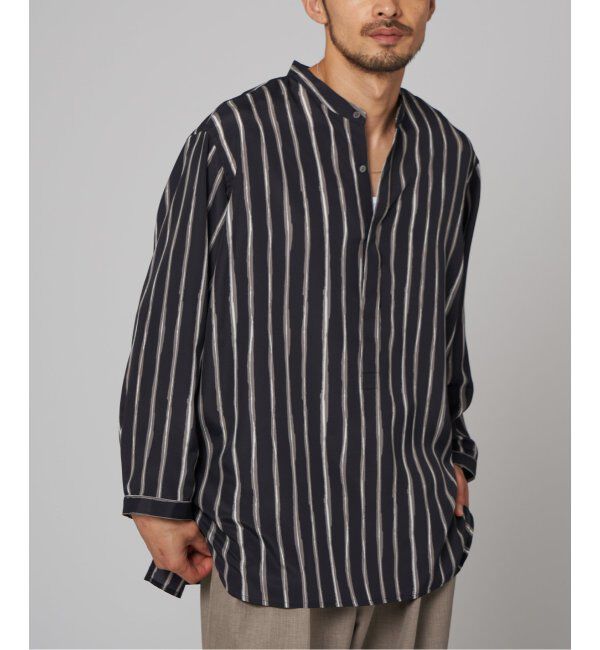 EDIFICE「ストライプ ドレーピー 8分袖 バンドカラープルオーバーシャツ」|シャツ・ブラウス|