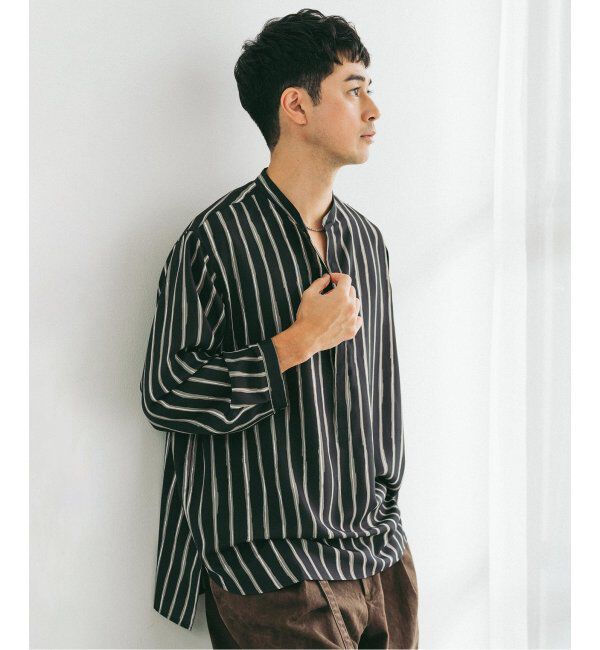 EDIFICE「ストライプ ドレーピー 8分袖 バンドカラープルオーバーシャツ」|シャツ・ブラウス|
