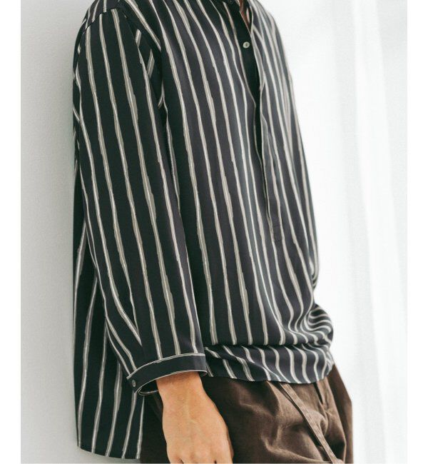 EDIFICE「ストライプ ドレーピー 8分袖 バンドカラープルオーバーシャツ」|シャツ・ブラウス|