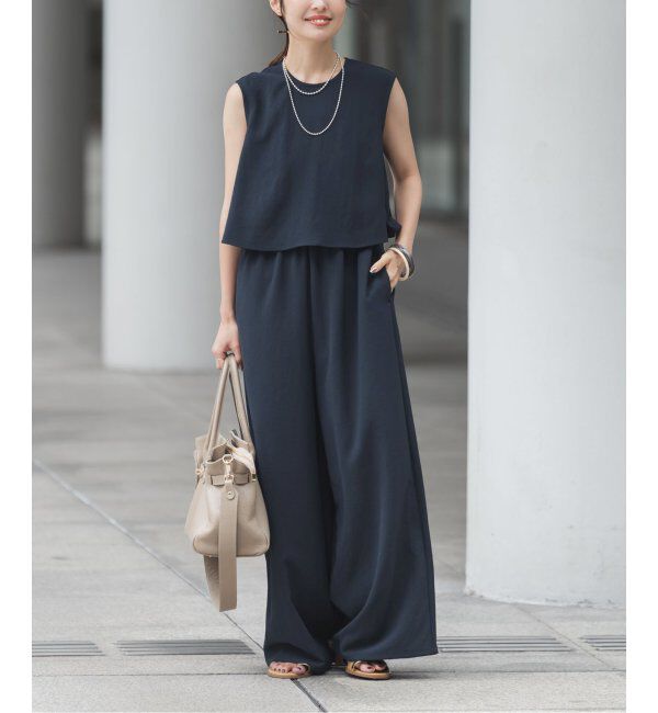 NOBLE「《追加》ダブルクレープスリーブレスオールインワン3」|オールインワン|ネイビー