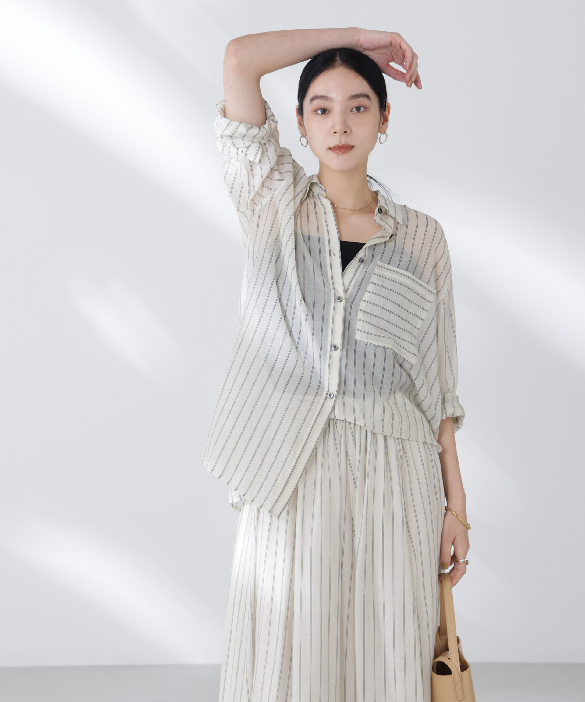 nano･universe「シアーストライプオーバーサイズロングシャツ(セットアップ可)」|シャツ・ブラウス|